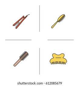 Women's hair accessories color icons set. Hairbrushes, straightener, claw hair clip. Isolated vector illustrations
