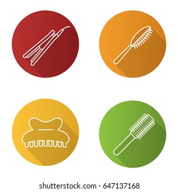Women's hair accessories flat linear long shadow icons set. Hairbrushes, straightener, claw hair clip. Vector outline illustration