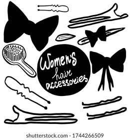 Women's hair accessorize. Vector illustration of female things for hair favorite female things. Vector illustration on white background. For cards, posters, decor it can be used as a print for t-shirt