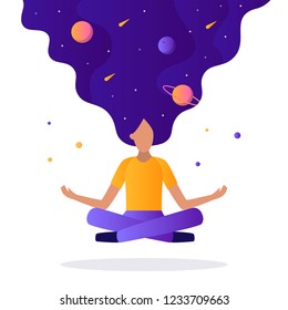 In the women's hair space: planets and stars. She floating in the air in a lotus position.  The concept of meditation, generation of ideas, communication with the cosmos. Flat vector illustration.
