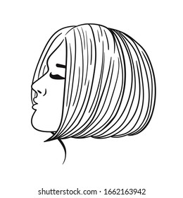 Women's haircut. Black outline on a white background. Vector graphics.