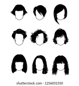 Women's haircuts silhouettes vector set. Ttypes of hairstyles.