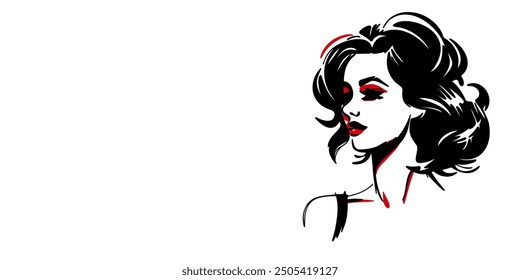 Women`s hairstyle black stencils silhouette drawing on white background with copy space