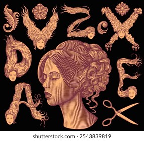 Women's hairstyle. Design set. Editable hand drawn illustration. Vector vintage engraving. Isolated on black background. 8 EPS