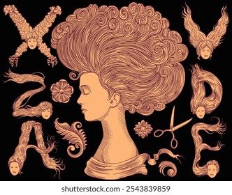 Peinado de mujer. Conjunto de diseño. Ilustración dibujada a mano editable. Grabado vintage de Vector. Aislado sobre fondo negro. 8 EPS