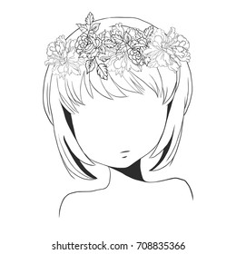 Women's Hairstyle with flower wreath isolated on white.