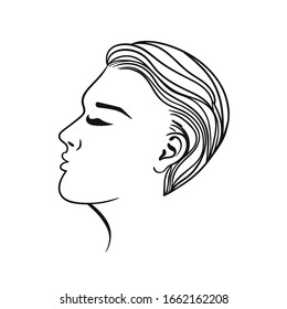 Women's hairstyle short hair. Black outline on a white background. Vector graphics.