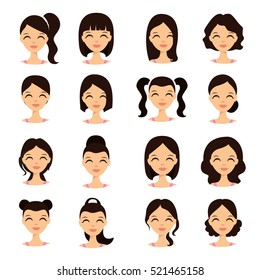 Womens Hairstyles. Beautiful Young Girl With Various Hair Styles Vector Illustration