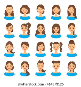 Womens hairstyles. Beautiful young woman with various hair styles vector illustration