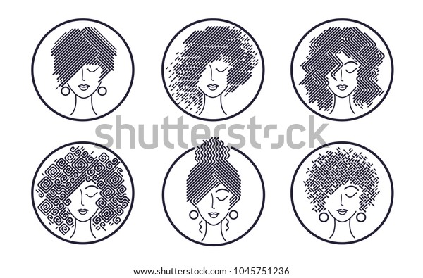 Women\'s\
hairstyles black and white icons. Set of abstract girls faces.\
Vector illustration for design packing shampoo, hair cosmetics,\
hairdressing signage, flyers,\
advertising.