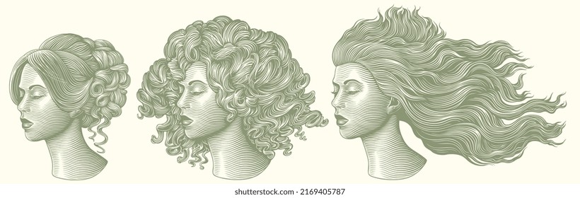 Women's hairstyles. Design set. Editable hand drawn illustration. Vector vintage engraving. 8 EPS