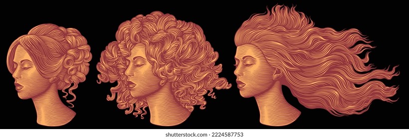 Women's Hairstyles. Design Set. Editable Hand Drawn Illustration. Vector Vintage Engraving. Isolated On Black Background. 8 Eps