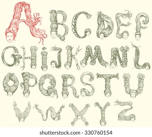 Women's Hairstyles. Font. Design set. Hand drawn engraving. Vector vintage illustration. 8 EPS