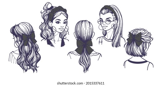 Women's hairstyles with hair accessories, bows and headbands. Set with hand drawn vector illustrations with cute fashionable girls isolated on white. Hairstyle ideas with ribbons and hairpins.