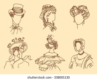 Women's hairstyles and hats on a beige background of different times