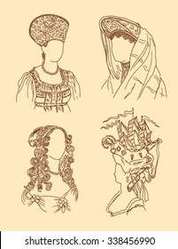 Women's hairstyles and hats on a beige background of different times