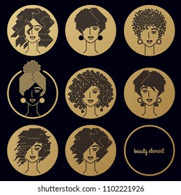 Women's hairstyles. Set of girls faces gold foil printing on black background in a circle. Vector illustration for design packing shampoo, hair cosmetics, hairdressing signage, flyers, advertising.