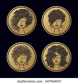 Women's hairstyles. Set of girls faces gold foil printing on black background in a circle. Vector illustration for design packing shampoo, hair cosmetics, hairdressing signage, flyers, advertising.