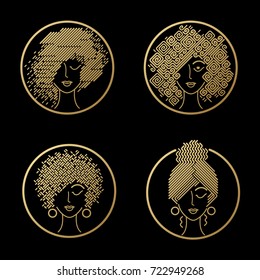 Women's hairstyles. Set of girls faces gold foil printing on black background in a circle. Vector illustration for design packing shampoo, hair cosmetics, hairdressing signage, flyers, advertising.