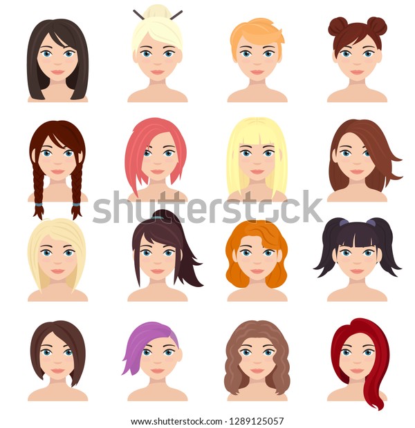 女性の髪型セット 長短の髪型 髪の毛の色や髪の色が違うキャラクター女性 分離型ベクターイラスト のベクター画像素材 ロイヤリティフリー 1289125057