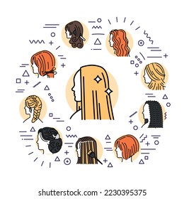 Women`s hairstyles web banner. Infographics with linear icons on white background. Creative idea concept.