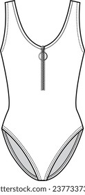 Women's Half Zip Bodysuit. Technical fashion top illustration. Front, white color. Women's CAD mock-up.