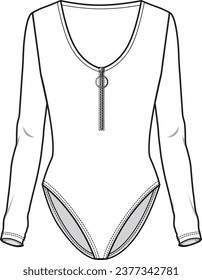 Women's Half Zip Bodysuit. Technical fashion top illustration. Front, white color. Women's CAD mock-up.