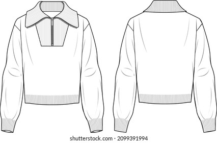 Women's Half Zip Detail Jumper. Jumper Technical Fashion Illustration. Flat Apparel Sweater Template Front And Back, White Colour. Women's CAD Mock-up.