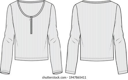 Women's Half Zip, Round Neck, Long Sleeve Rib-Knit Top. Jersey top technical fashion illustration. Flat apparel top template front and back, white color. Women's CAD mock-up.