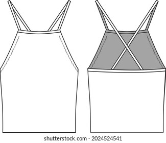 Women's Halter Knit Top With Thin Straps- Top technical fashion illustration. Flat apparel top  template front and back, white colour. Women's CAD mock-up.