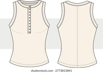 Women's halter neck button up tank top fashion technical drawing, illustration. Activewear ribbed crop top flat sketch, vector. Front and back view. Cad, Mockup.	