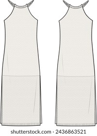 Vestido de punto de ganchillo con cuello halter para mujer. Ilustración técnica de la moda. Delante y detrás, color blanco apagado. Modelo CAD para mujer.