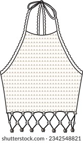 Cúpula de crochet de cuello de halter para mujeres- Ilustración técnica de la moda. Color frontal, blanco roto. Burla de CAD de mujeres.