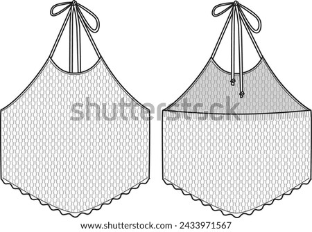 Women's Halter Neck, Crochet Top- Technical fashion illustration. Front and back, white colour. Women's CAD mock-up.