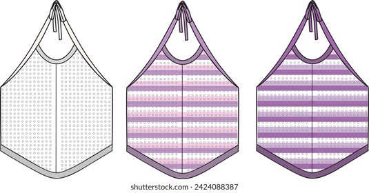 Women's Halter Neck, Dippy Hem Crochet Top- Technical fashion illustration. Front, white and lilac colour. Women's CAD mock-up.