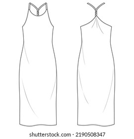 womens halter neck racer back slip dress fashion flat sketch vector illustration. cad mockup.