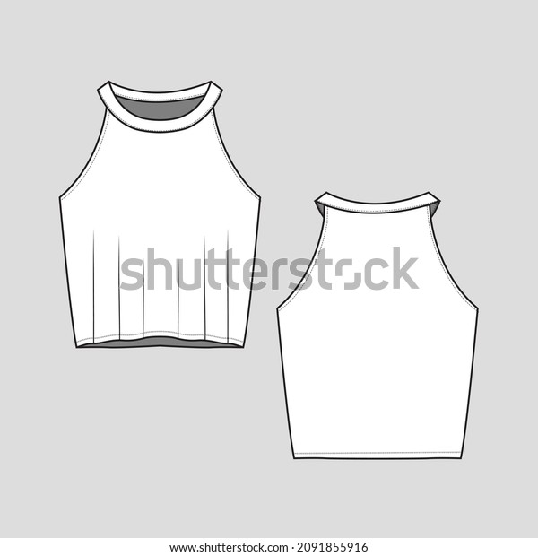 Womens Halter neck Tank top Fashion summer\
Sleeveless vest t shirt top flat sketch technical drawing template\
design vector