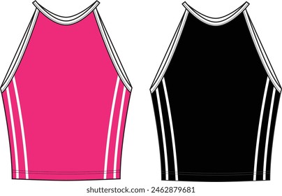 Women's Halter Neck Tee. Technical fashion illustration. Front, pink and black color. Women's CAD mock-up.