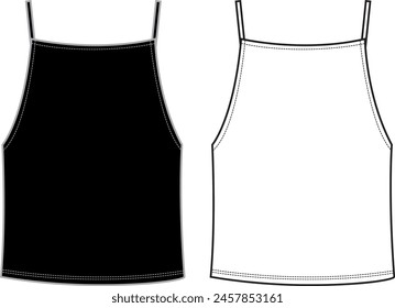 Women's Halter Tank Top- Technical fashion illustration. Front, white and black colour. Women's CAD mock-up.