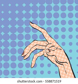 Women's hand asking for. Women's hand. Concept idea of advertisement and promo. Pop art retro style illustration. Halftone background. Wrist. Women's wrist. Index finger. Women's index finger.