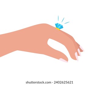 Women's hand with a beautiful ring with a big shining diamond. A marriage proposal and wedding concept. Vector illustration