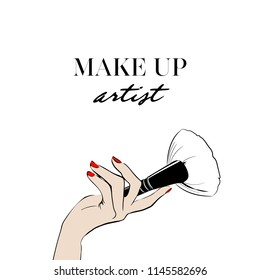 Women's hand with cosmetic makeup brush. Hand drawn illustration of female hand with cosmetical accessories. Vector isolated on white background fashion and makeup artist design elements.