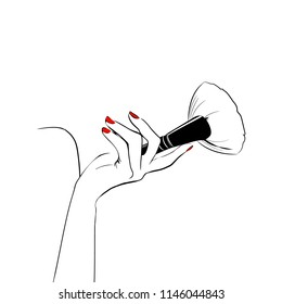 Women's hand with cosmetic makeup brush. Hand drawn illustration of female hand with cosmetical accessories. Vector isolated on white background fashion and makeup artist design elements.