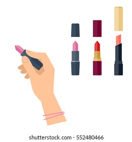 Women's hand with cosmetic product: lipstick tube. Flat illustration of female hand with cosmetical accessories. Vector isolated on white background fashion and makeup design elements.
