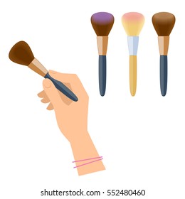 Women's hand with cosmetic product: mascara and eyeshadow brush. Flat illustration of female hand with cosmetical accessories. Vector isolated on white background fashion and makeup design elements. 
