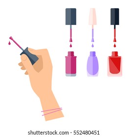 Women's hand with cosmetic product: nail varnish and polish. Flat illustration of female hand with cosmetical accessories. Vector isolated on white background fashion and makeup design elements. 
