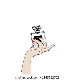 Women's hand with hand draw perfume paris. T-shirt printing design, typography graphics. Hand drawn illustration of female hand with cosmetical accessories. Vector isolated on white background fashion