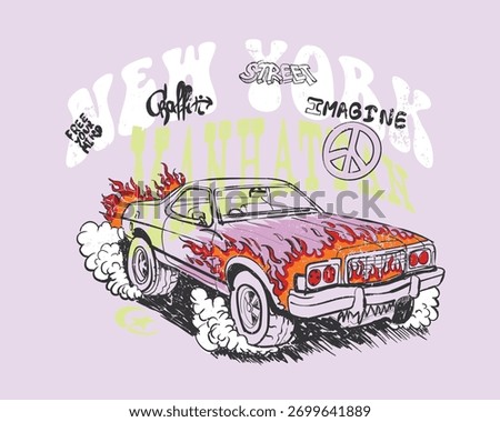 Women's hand drawing Graffiti vector t-shirt design. New York Manhattan urban typography