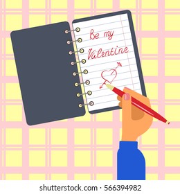 Women's hand give wrapped valentine handmade. Flat vector illustration.