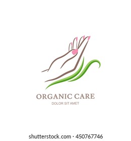 Womens hand in green leaves. Abstract design concept for beauty salon, manicure, cosmetic, organic care and spa. Vector logo design template. 